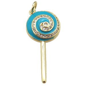 copper Lollipop pendant paved zircon with teal enamel, gold plated, approx 13-30mm [FN24926]