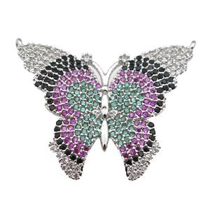 copper Butterfly pendant paved zircon with 2loops, platinum plated, approx 25-30mm [FN24933]