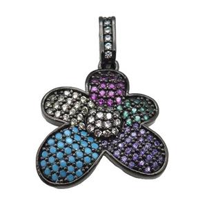 copper Flower pendant paved zircon, black plated, approx 20mm [FN24939]