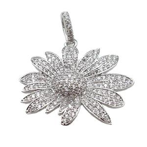 copper Daisy Flower pendant paved zircon, platinum plated, approx 22-28mm [FN24956]