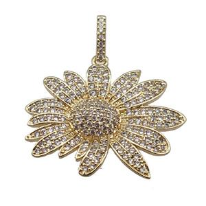 copper Daisy Flower pendant paved zircon, gold plated, approx 22-28mm [FN24957]