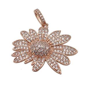 copper Daisy Flower pendant paved zircon, rose gold, approx 22-28mm [FN24958]