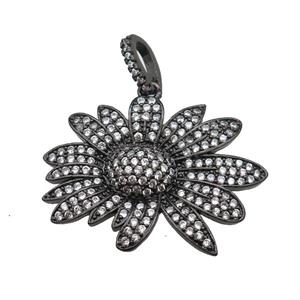 copper Daisy Flower pendant paved zircon, black plated, approx 22-28mm [FN24959]
