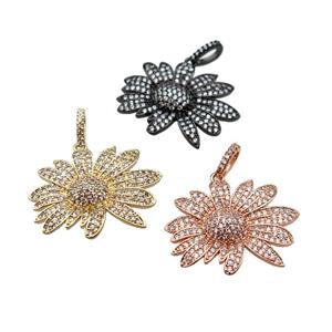 copper Daisy Flower pendant paved zircon, mixed, approx 22-28mm [FN24960]