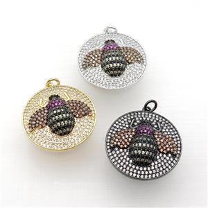 copper Honeybee charm pendant paved zircon, circle, mixed, approx 26mm dia [FN24994]