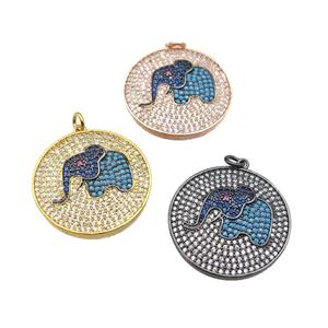 copper Elephant pendant paved zircon, circle, mixed, approx 26mm dia [FN24999]