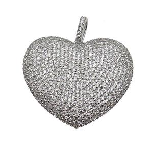 copper Heart pendant paved zircon, platinum plated, approx 30-33mm [FN25014]