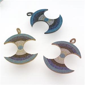 copper doubleMoon pendant paved zircon, mixed, approx 40-45mm [FN25046]