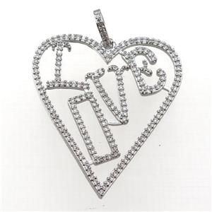 copper Heart pendant paved zircon, LOVE, platinum plated, approx 30-40mm [FN25047]