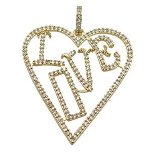 copper Heart pendant paved zircon, LOVE, gold plated, approx 30-40mm [FN25048]