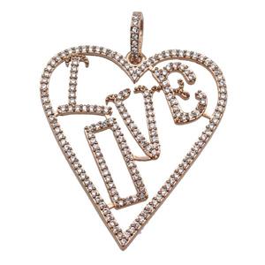 copper Heart pendant paved zircon, LOVE, rose gold, approx 30-40mm [FN25049]