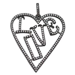 copper Heart pendant paved zircon, LOVE, black plated, approx 30-40mm [FN25050]