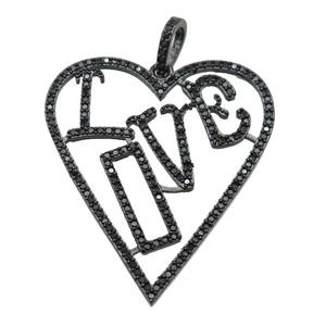 copper Heart pendant paved zircon, LOVE, black plated, approx 30-40mm [FN25051]