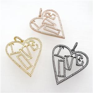 copper Heart pendant paved zircon, LOVE, mixed, approx 30-40mm [FN25052]