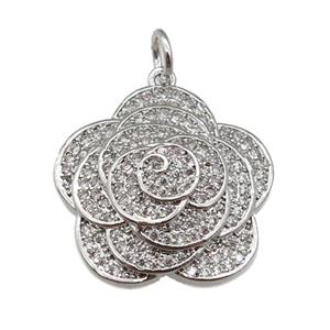 copper Flower pendant paved zircon, platinum plated, approx 22mm dia [FN25059]