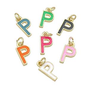 copper Letter-P pendant with enamel, mixed, gold plated, approx 8-9mm [FN25080]