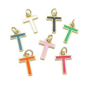 copper Letter-T pendant with enamel, mixed, gold plated, approx 8-9mm [FN25084]