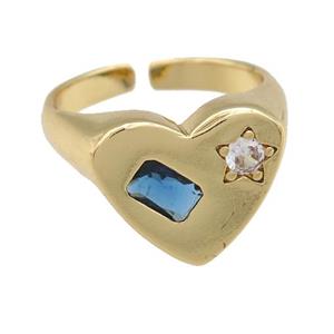 copper Heart Ring paved blue zircon, gold plated, approx 13-15mm, 17mm dia [FN25103]