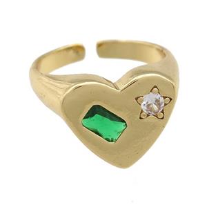 copper Heart Ring paved green zircon, gold plated, approx 13-15mm, 17mm dia [FN25104]