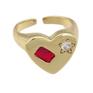 copper Heart Ring paved red zircon, gold plated, approx 13-15mm, 17mm dia [FN25105]