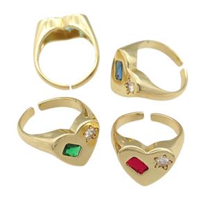 copper Heart Ring paved zircon, gold plated, mixed, approx 13-15mm, 17mm dia [FN25106]