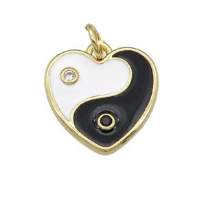 copper Taichi Heart pendant with black enamel, yinyang, gold plated, approx 14mm [FN25122]