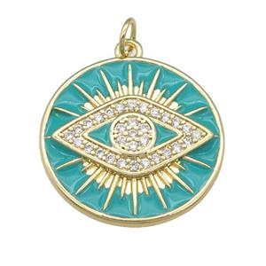 copper Circle Eye pendant paved zircon with teal enamel, gold plated, approx 23mm [FN25138]