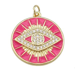 copper Circle Eye pendant paved zircon with hotpink enamel, gold plated, approx 23mm [FN25139]