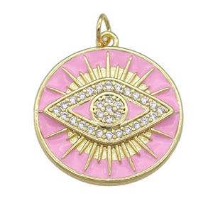 copper Circle Eye pendant paved zircon with pink enamel, gold plated, approx 23mm [FN25140]