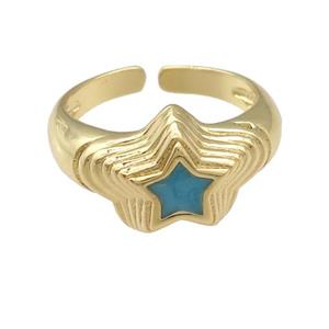 copper star Ring with teal enamel, gold plated, approx 11mm, 18mm dia [FN25173]