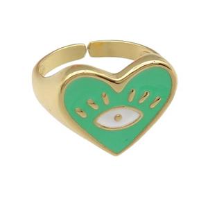 copper Ring with green enamel heart, gold plated, approx 14-16mm, 17mm dia [FN25182]