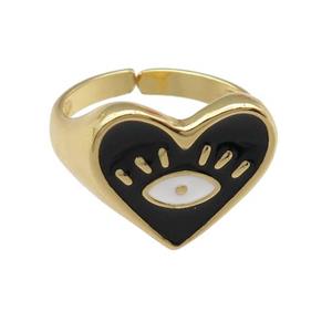 copper Ring with black enamel heart, gold plated, approx 14-16mm, 17mm dia [FN25183]