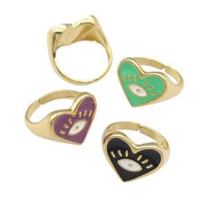 copper Ring with enamel heart, eye, gold plated, mixed, approx 14-16mm, 17mm dia [FN25184]