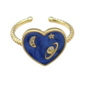 copper Ring with blue enamel heart, planet, gold plated, approx 14mm, 18mm dia [FN25185]