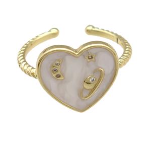 copper Ring with white enamel heart, planet, gold plated, approx 14mm, 18mm dia [FN25187]