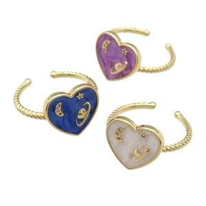 copper Ring with enamel heart, planet, gold plated, mixed, approx 14mm, 18mm dia [FN25188]