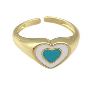 copper Ring with teal enamel heart, gold plated, approx 9-11mm, 18mm dia [FN25189]