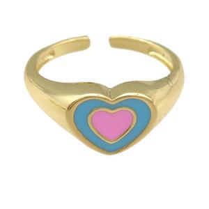 copper Ring with pink enamel heart, gold plated, approx 9-11mm, 18mm dia [FN25192]