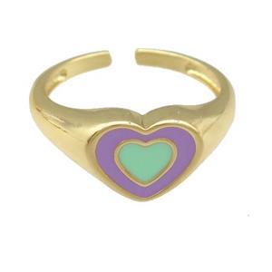 copper Ring with green enamel heart, gold plated, approx 9-11mm, 18mm dia [FN25193]