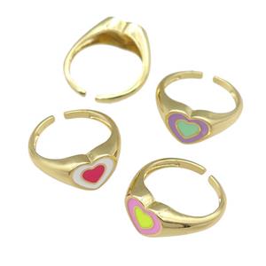 copper Ring with enamel heart, gold plated, mixed, approx 9-11mm, 18mm dia [FN25196]