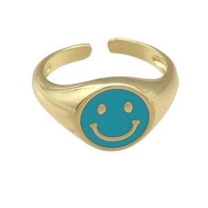 copper Ring with teal enamel emoji, gold plated, approx 11mm, 18mm dia [FN25197]
