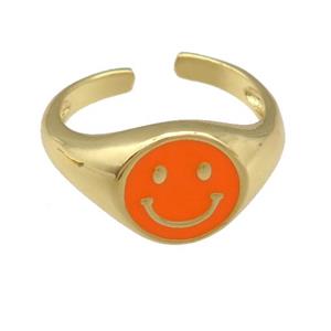 copper Ring with orange enamel emoji, gold plated, approx 11mm, 18mm dia [FN25198]