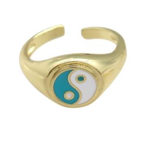 copper Ring with teal enamel taichi, gold plated, approx 10mm, 18mm dia [FN25206]