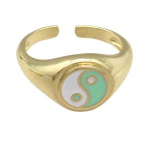 copper Ring with green enamel taichi, gold plated, approx 10mm, 18mm dia [FN25207]