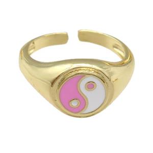 copper Ring with pink enamel taichi, gold plated, approx 10mm, 18mm dia [FN25209]