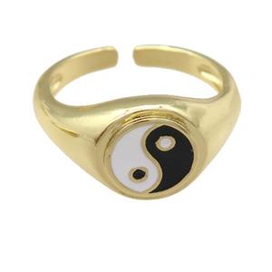copper Ring with black enamel taichi, yinyang, gold plated, approx 10mm, 18mm dia [FN25210]