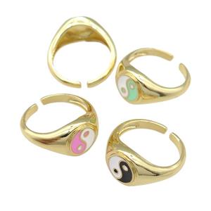 copper Ring with enamel taichi, gold plated, mixed, approx 10mm, 18mm dia [FN25211]