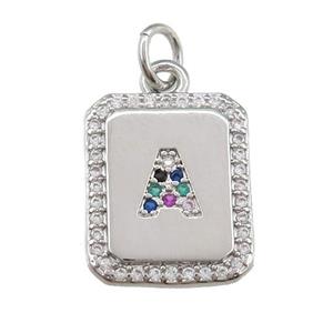copper Letter-A pendant paved zircon, rectangle, platinum plated, approx 12-15mm [FN25217]