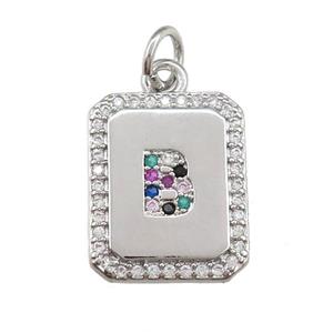 copper Letter-B pendant paved zircon, rectangle, platinum plated, approx 12-15mm [FN25218]