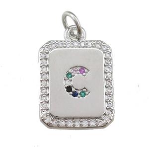 copper Letter-C pendant paved zircon, rectangle, platinum plated, approx 12-15mm [FN25219]
